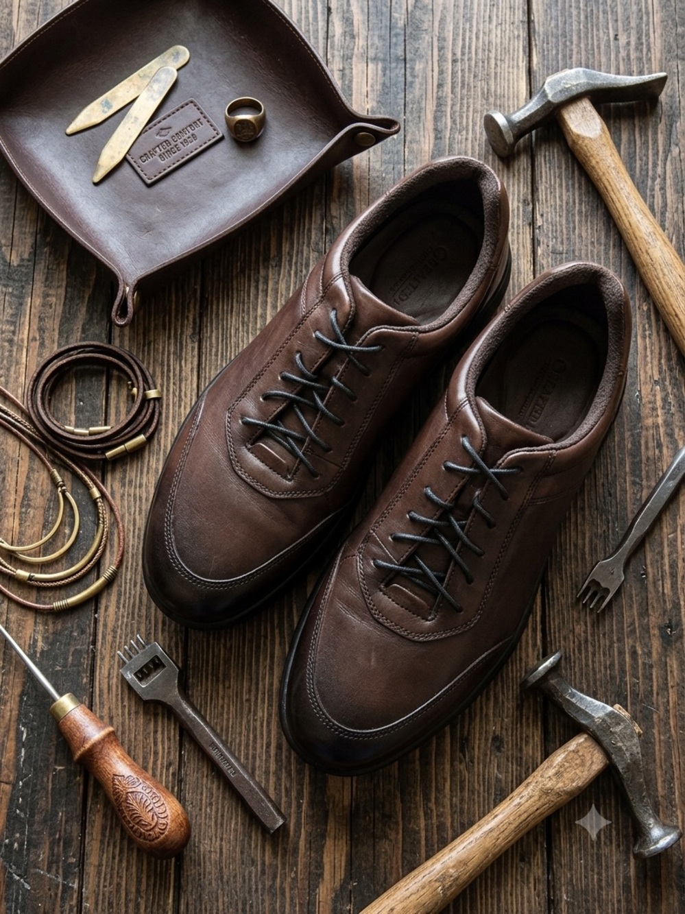 Ecco Men's Brown Leather Lace-Up Slip-Ons